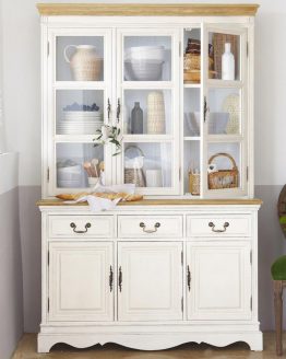 bufet pajangan kombinasi putih dan natural